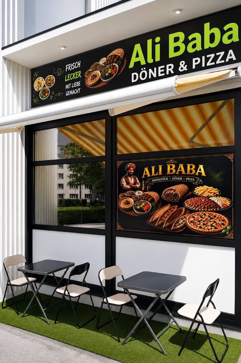 Ladengeschäft von Ali Baba Döner & Pizza in Chemnitz mit Sitzplätzen vor dem Eingang